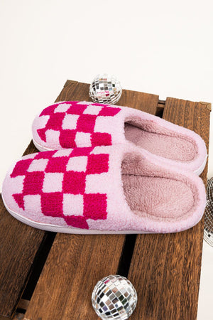 Slow Morning Pink Tonal Check Plush Slippers - Wholesale Accessory Market