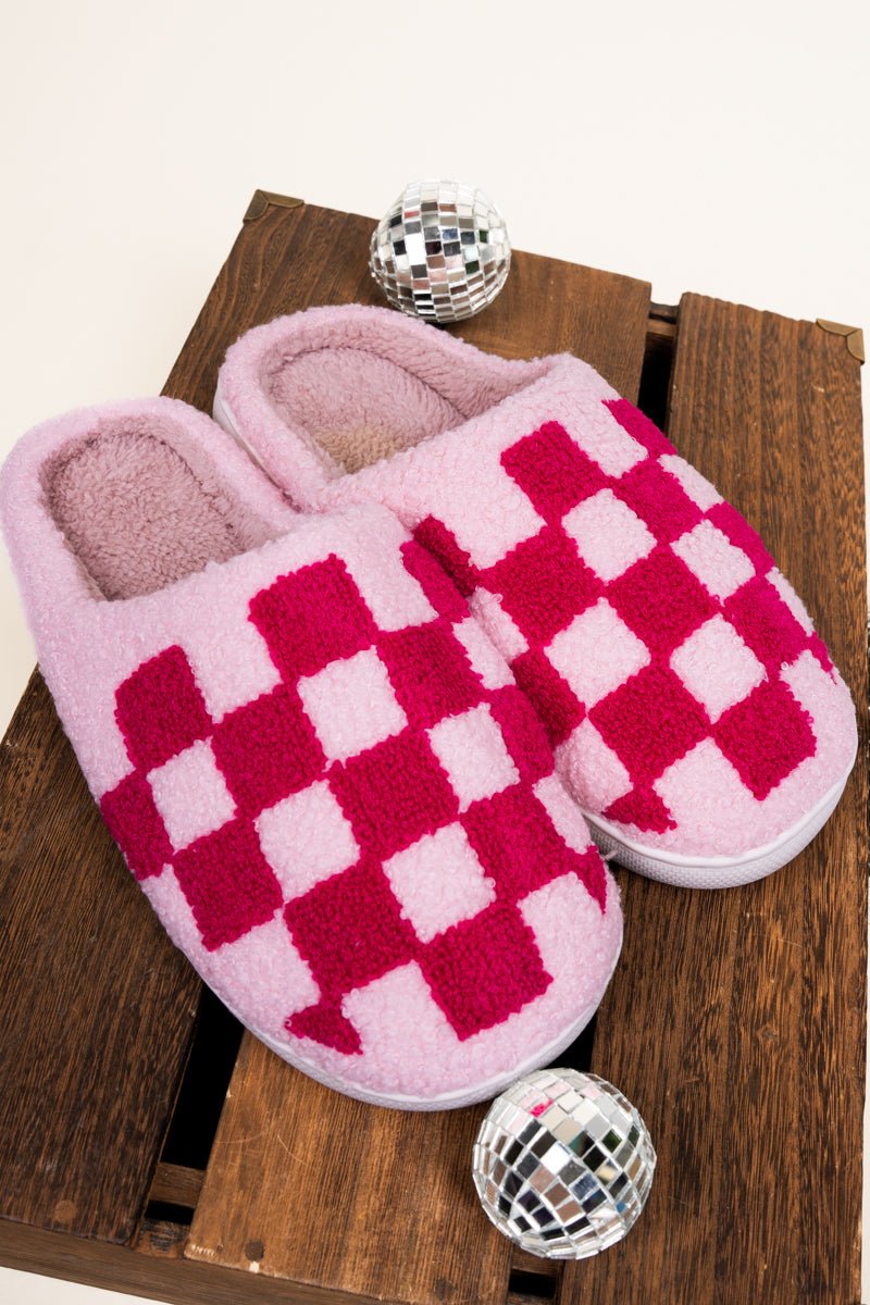 Slow Morning Pink Tonal Check Plush Slippers - Wholesale Accessory Market