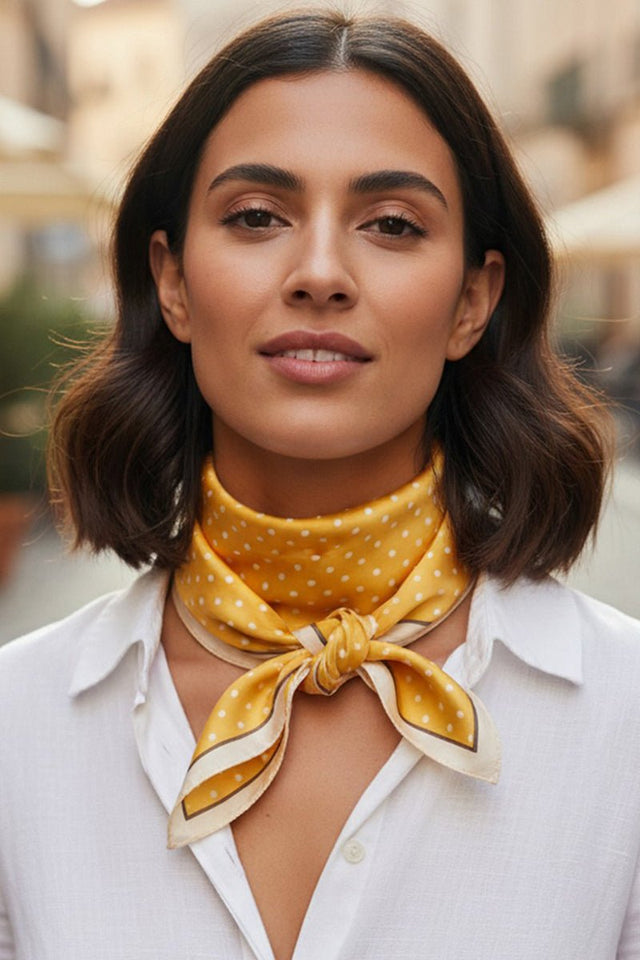 Polka Dot Perfection Mustard Square Satin Scarf - Wholesale Accessory Market