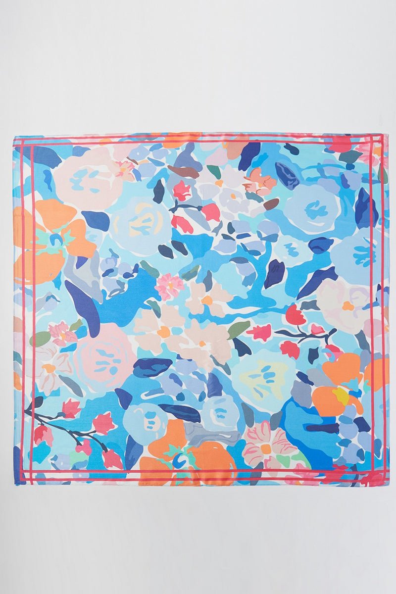 Brushstroke Blooms Blue Square Satin Scarf - Wholesale Accessory Market