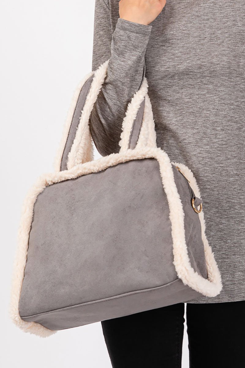 Winter Moonlight Sherpa Trimmed Gray Tote - Wholesale Accessory Market