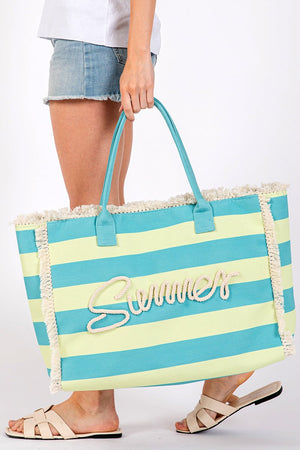 Summer Rope Text Blue and Lime Striped Tote Bag - Wholesale Accessory Market