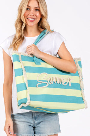 Summer Rope Text Blue and Lime Striped Tote Bag - Wholesale Accessory Market