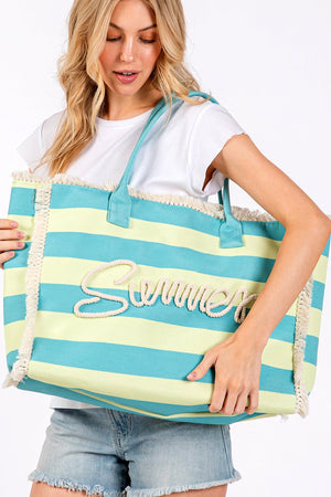 Summer Rope Text Blue and Lime Striped Tote Bag - Wholesale Accessory Market