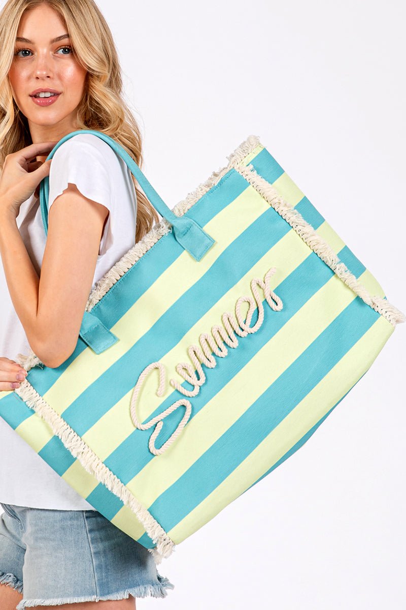 Summer Rope Text Blue and Lime Striped Tote Bag - Wholesale Accessory Market