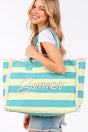 Summer Rope Text Blue and Lime Striped Tote Bag - Wholesale Accessory Market