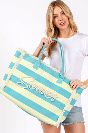 Summer Rope Text Blue and Lime Striped Tote Bag - Wholesale Accessory Market