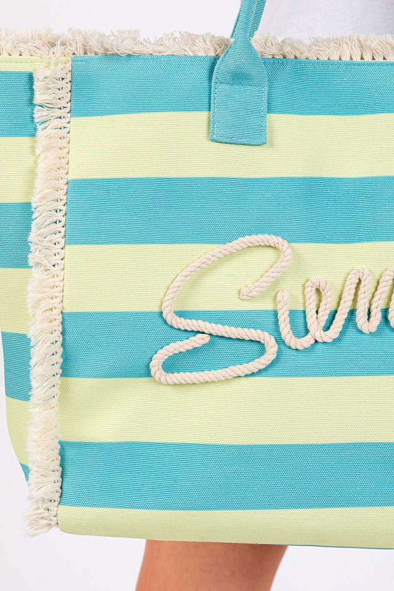 Summer Rope Text Blue and Lime Striped Tote Bag - Wholesale Accessory Market