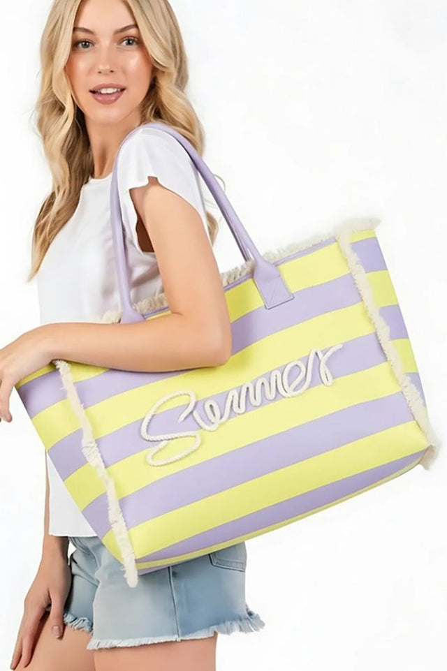 Summer Rope Text Lavender and Yellow Striped Tote Bag - Wholesale Accessory Market