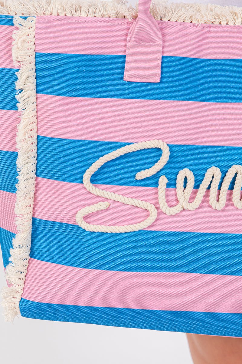 Summer Rope Text Royal Blue and Pink Striped Tote Bag - Wholesale Accessory Market