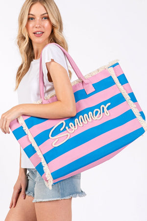 Summer Rope Text Royal Blue and Pink Striped Tote Bag - Wholesale Accessory Market