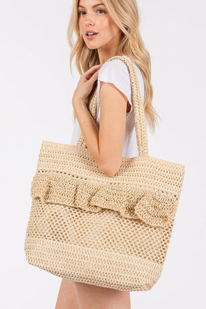 Sunny Getaway Beige Ruffle Crochet Straw Tote Bag - Wholesale Accessory Market