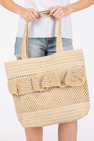 Sunny Getaway Beige Ruffle Crochet Straw Tote Bag - Wholesale Accessory Market