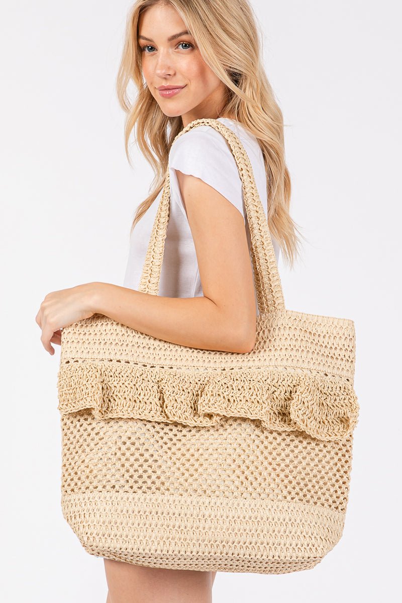 Sunny Getaway Beige Ruffle Crochet Straw Tote Bag - Wholesale Accessory Market