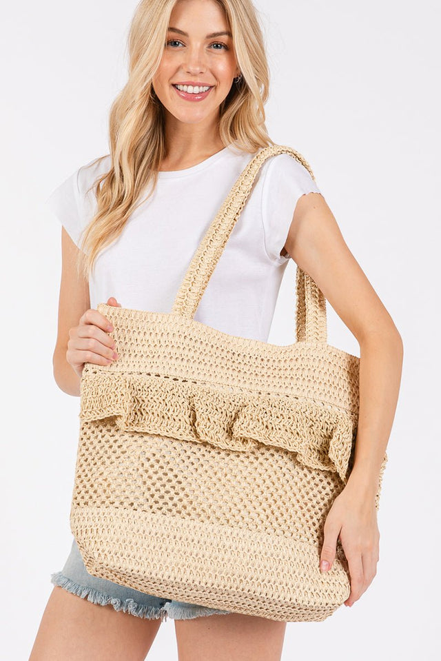 Sunny Getaway Beige Ruffle Crochet Straw Tote Bag - Wholesale Accessory Market