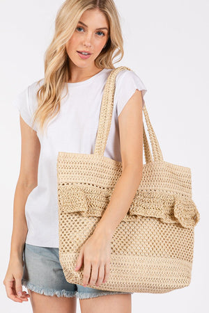 Sunny Getaway Beige Ruffle Crochet Straw Tote Bag - Wholesale Accessory Market