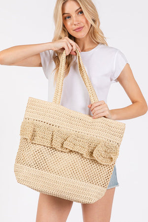 Sunny Getaway Beige Ruffle Crochet Straw Tote Bag - Wholesale Accessory Market