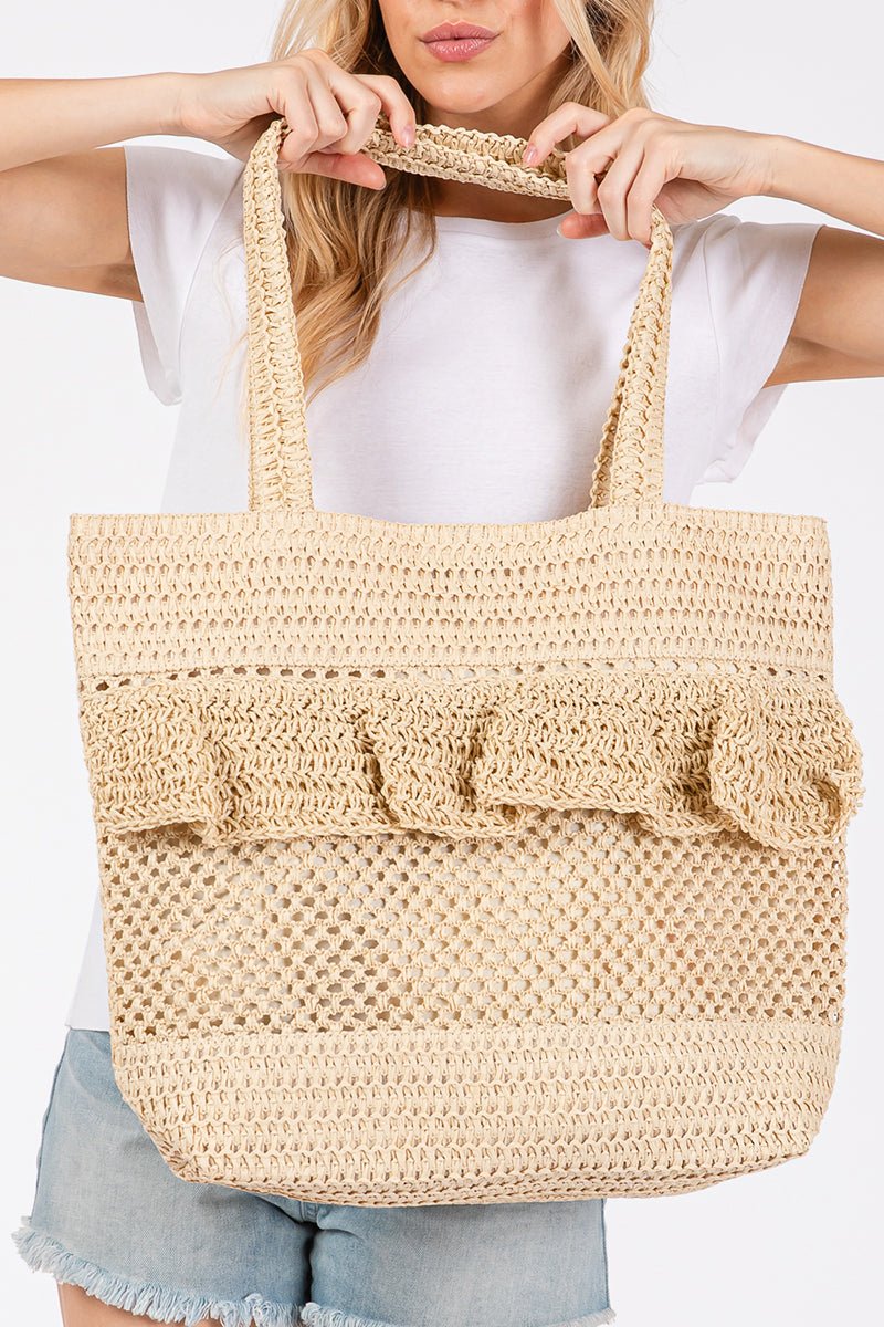 Sunny Getaway Beige Ruffle Crochet Straw Tote Bag - Wholesale Accessory Market