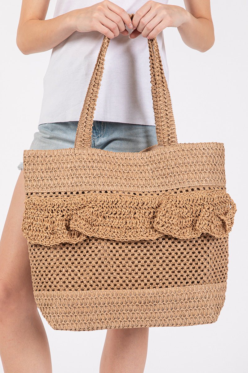 Sunny Getaway Taupe Ruffle Crochet Straw Tote Bag - Wholesale Accessory Market