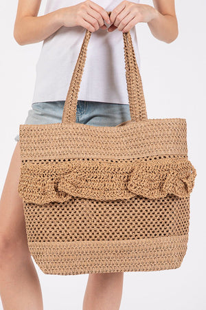 Sunny Getaway Taupe Ruffle Crochet Straw Tote Bag - Wholesale Accessory Market