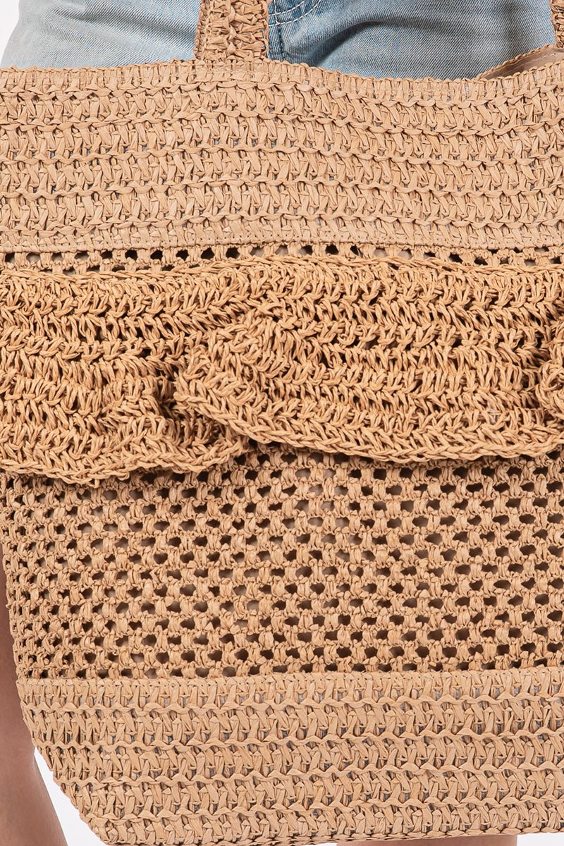 Sunny Getaway Taupe Ruffle Crochet Straw Tote Bag - Wholesale Accessory Market