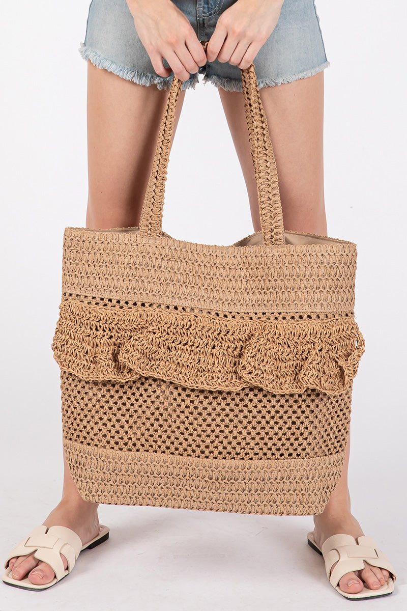 Sunny Getaway Taupe Ruffle Crochet Straw Tote Bag - Wholesale Accessory Market