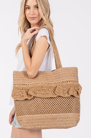 Sunny Getaway Taupe Ruffle Crochet Straw Tote Bag - Wholesale Accessory Market
