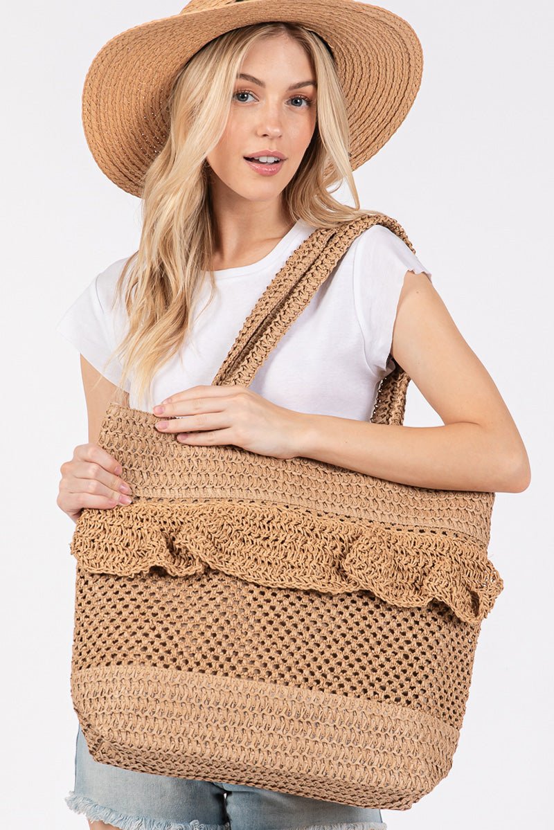 Sunny Getaway Taupe Ruffle Crochet Straw Tote Bag - Wholesale Accessory Market