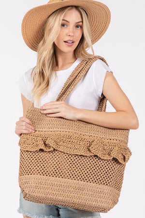 Sunny Getaway Taupe Ruffle Crochet Straw Tote Bag - Wholesale Accessory Market