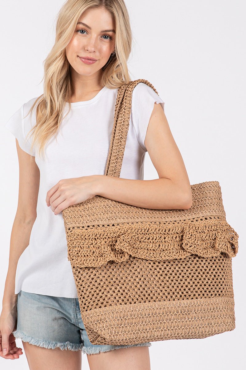 Sunny Getaway Taupe Ruffle Crochet Straw Tote Bag - Wholesale Accessory Market
