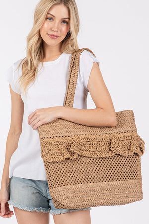 Sunny Getaway Taupe Ruffle Crochet Straw Tote Bag - Wholesale Accessory Market