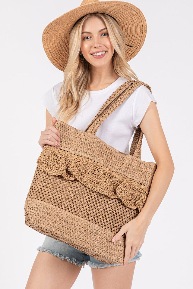 Sunny Getaway Taupe Ruffle Crochet Straw Tote Bag - Wholesale Accessory Market