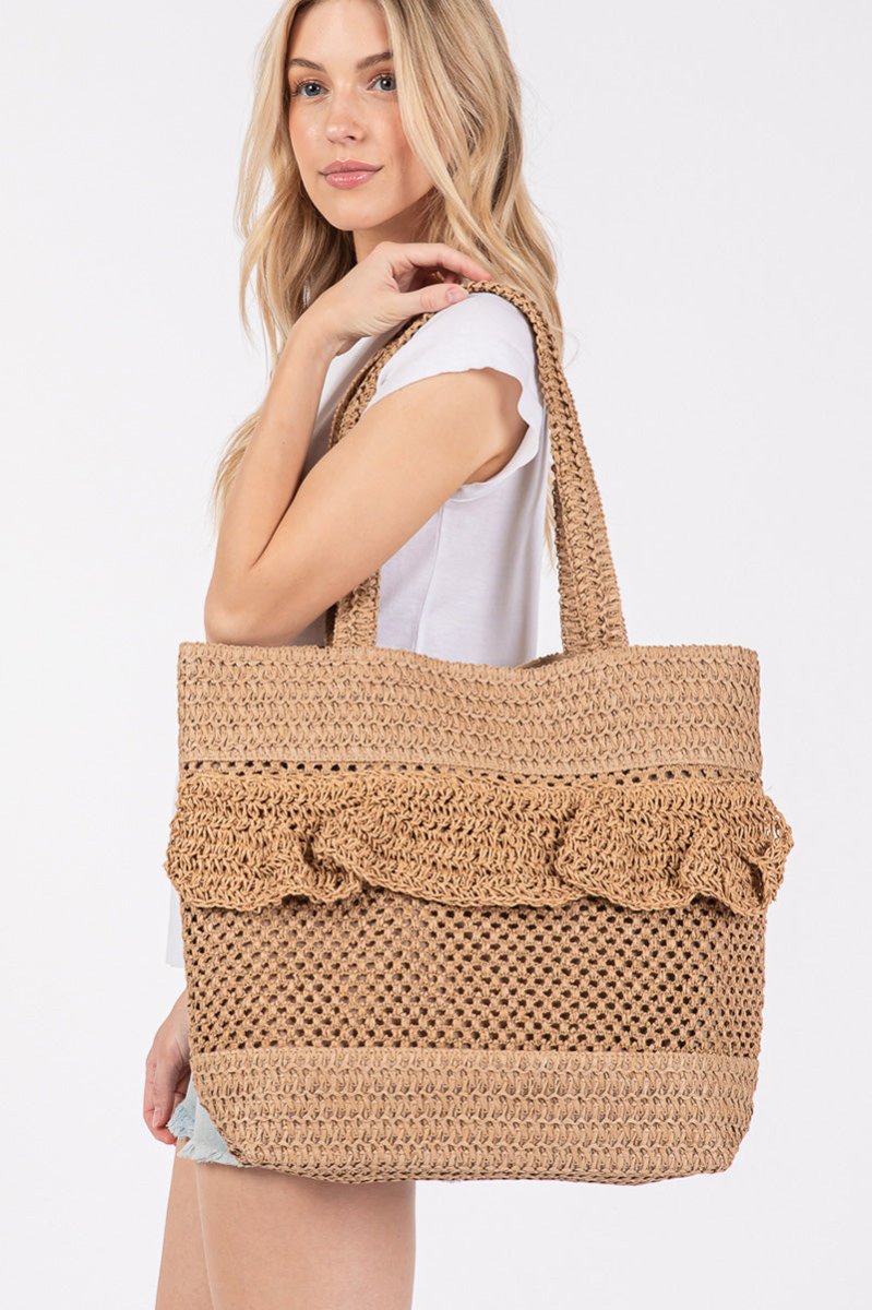 Sunny Getaway Taupe Ruffle Crochet Straw Tote Bag - Wholesale Accessory Market