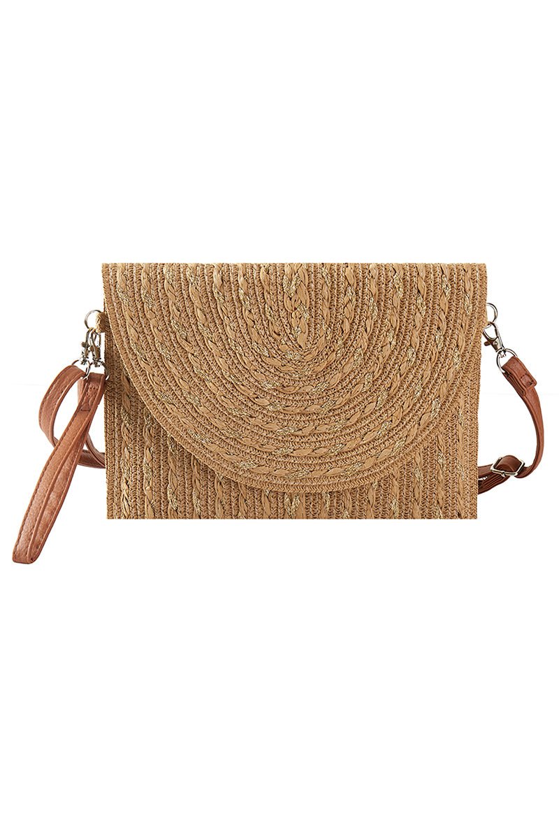 Golden Shore Taupe Straw Envelope Crossbody Clutch - Wholesale Accessory Market