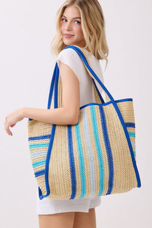 Laguna Stripe Blue Straw Shoulder Tote - Wholesale Accessory Market