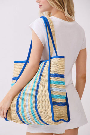 Laguna Stripe Blue Straw Shoulder Tote - Wholesale Accessory Market