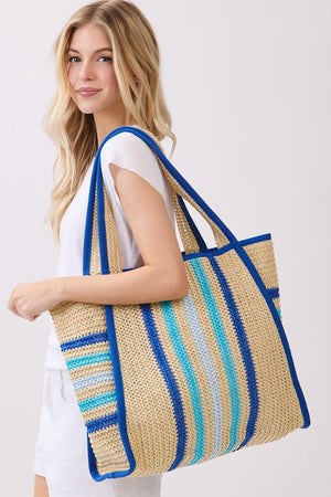 Laguna Stripe Blue Straw Shoulder Tote - Wholesale Accessory Market