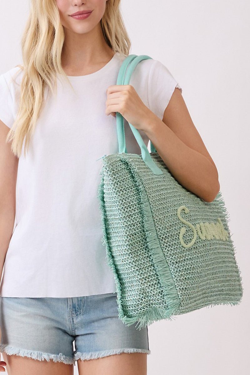 Golden Hour Summer Script Mint Straw Tote - Wholesale Accessory Market