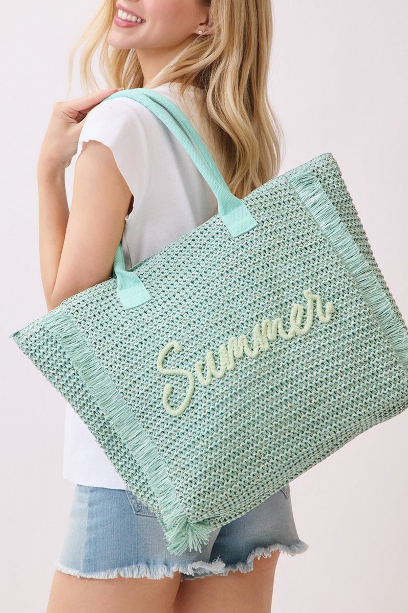 Golden Hour Summer Script Mint Straw Tote - Wholesale Accessory Market
