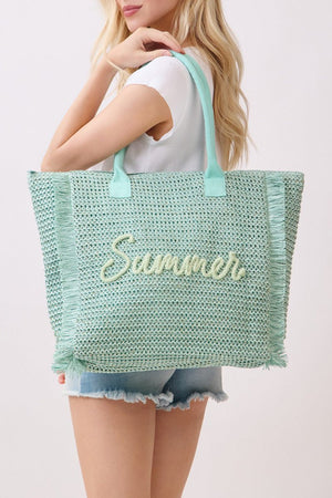 Golden Hour Summer Script Mint Straw Tote - Wholesale Accessory Market
