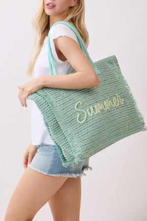Golden Hour Summer Script Mint Straw Tote - Wholesale Accessory Market