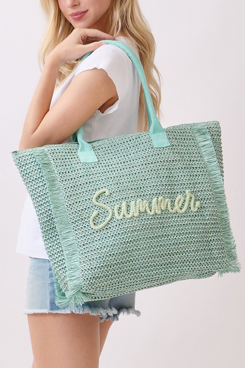 Golden Hour Summer Script Mint Straw Tote - Wholesale Accessory Market