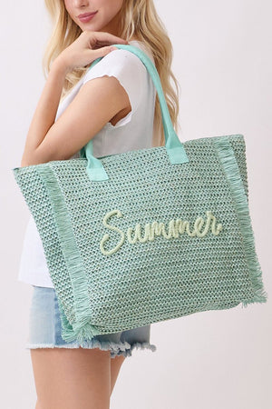 Golden Hour Summer Script Mint Straw Tote - Wholesale Accessory Market