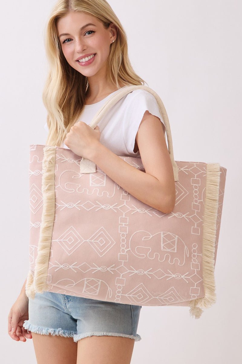 Indira Dusty Pink Elephant Fringe Tote - Wholesale Accessory Market