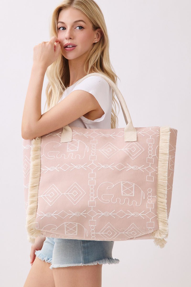 Indira Dusty Pink Elephant Fringe Tote - Wholesale Accessory Market