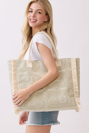 Indira Olive Elephant Fringe Tote - Wholesale Accessory Market