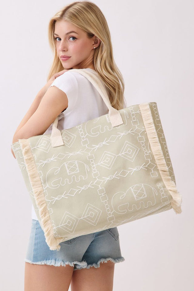Indira Olive Elephant Fringe Tote - Wholesale Accessory Market
