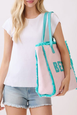Beach Applique Pink Terry Cloth Tote - Wholesale Accessory Market
