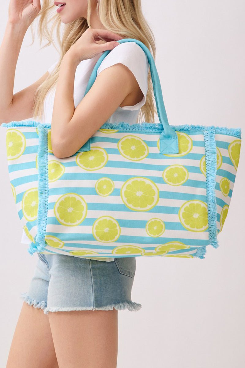 Lemon Drop Fringe Blue Striped Tote - Wholesale Accessory Market