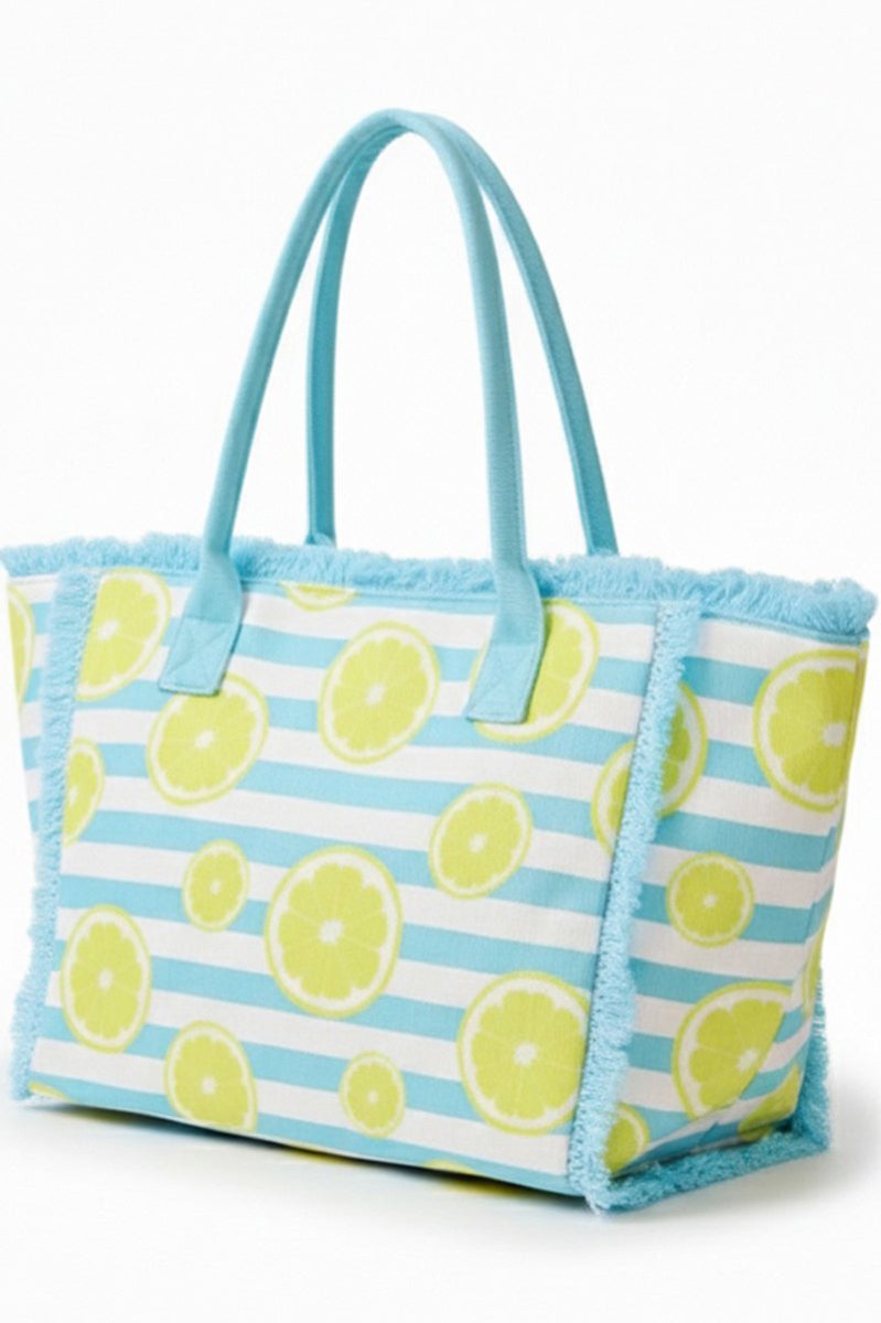 Lemon Drop Fringe Blue Striped Tote - Wholesale Accessory Market